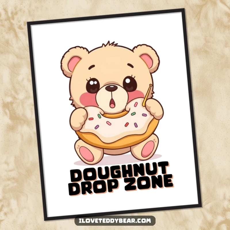Funny Poster: A surprised teddy bear with wide eyes catches a massive falling donut, capturing a moment of pure, sweet, and humorous delight.