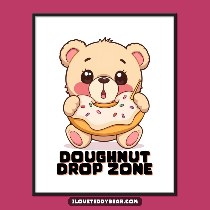 Funny Donut Bear Poster: Surprised Teddy Catching Donut, Whimsical Wall Art for Foodies