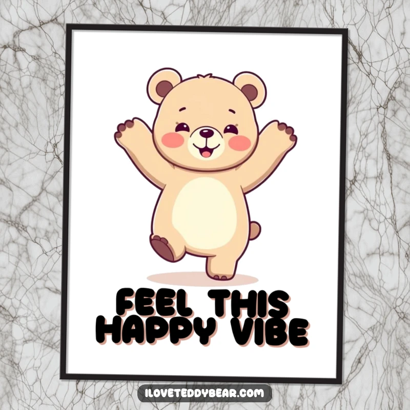 Funny poster capturing a bear mid-dance with paws in the air, radiating pure exuberance and artistic cheer.