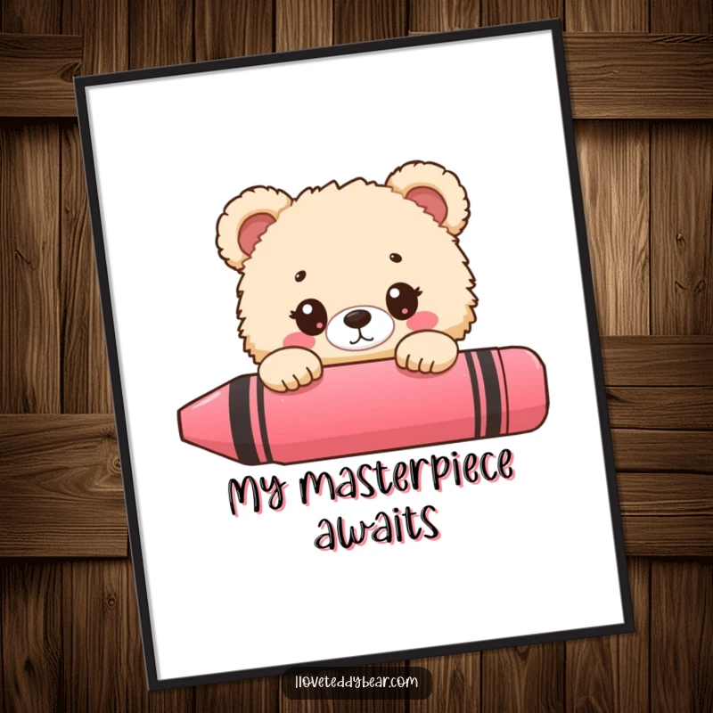 Funny bear poster, fluffy bear peeking behind a giant crayon, wide-eyed surprise, vibrant wall art.