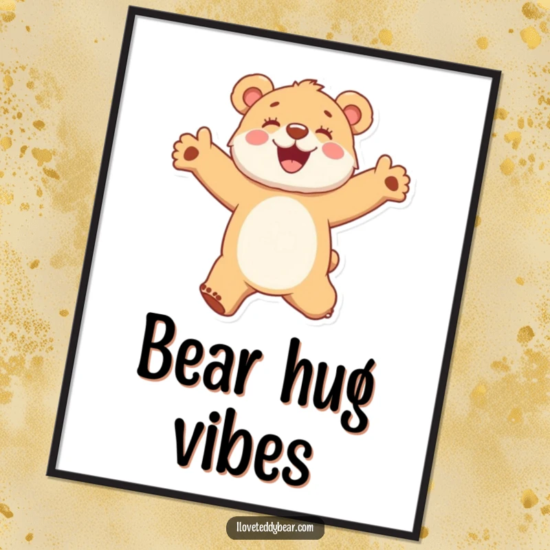 Funny poster print of a fuzzy bear cub jumping with arms outstretched in a moment of pure, unadulterated glee.