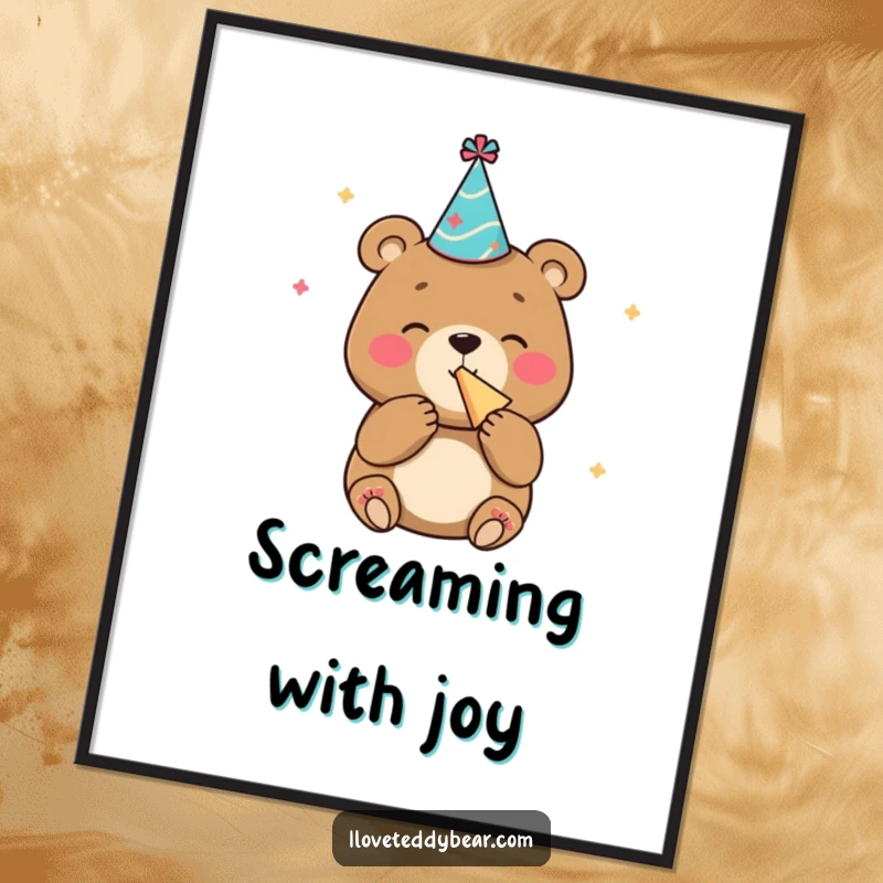 Funny poster of a bear in a party hat blowing a noisemaker with immense glee, adding celebratory decor.