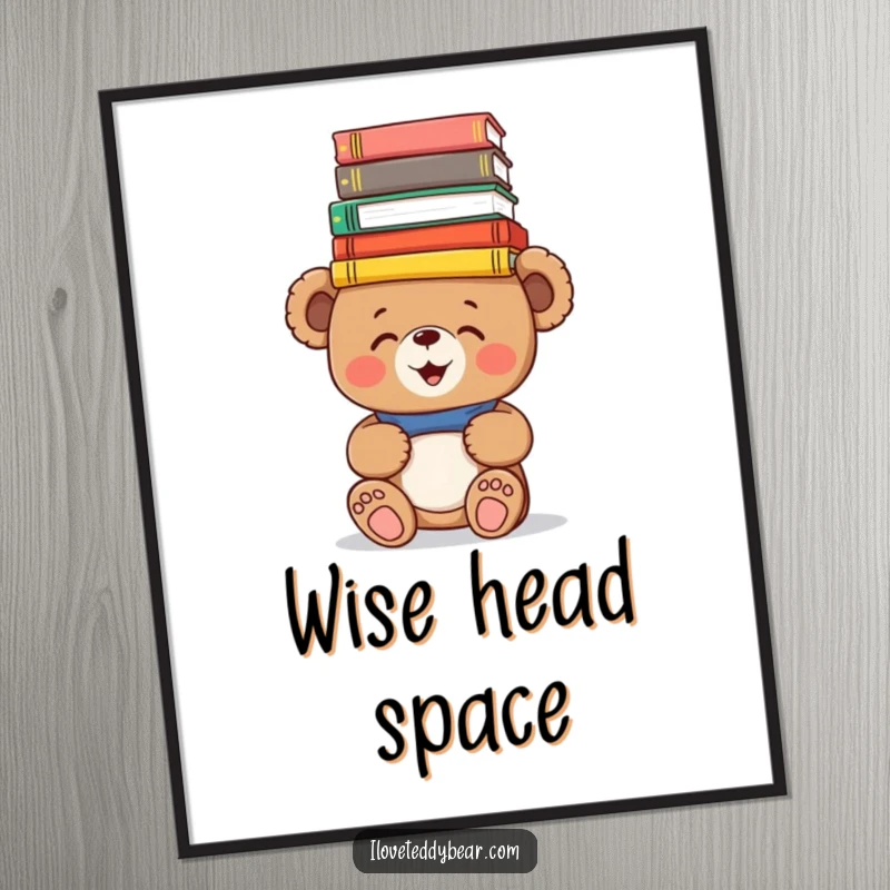 Funny Poster: Giggling teddy bear humorously balances a stack of colorful books on its head, creating a scene of delightful, intellectual playfulness.