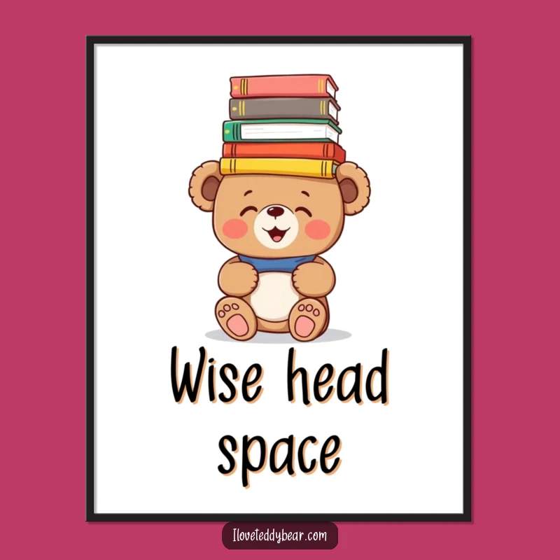 Funny Book Bear Poster: Giggling Teddy Balancing Books, Whimsical Wall Art for Readers