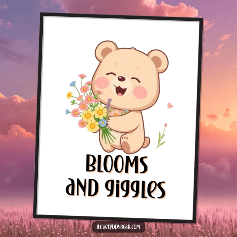 Funny poster of a bear sweetly giggling while holding a beautiful bouquet of wildflowers, adding charm and humor to any room.