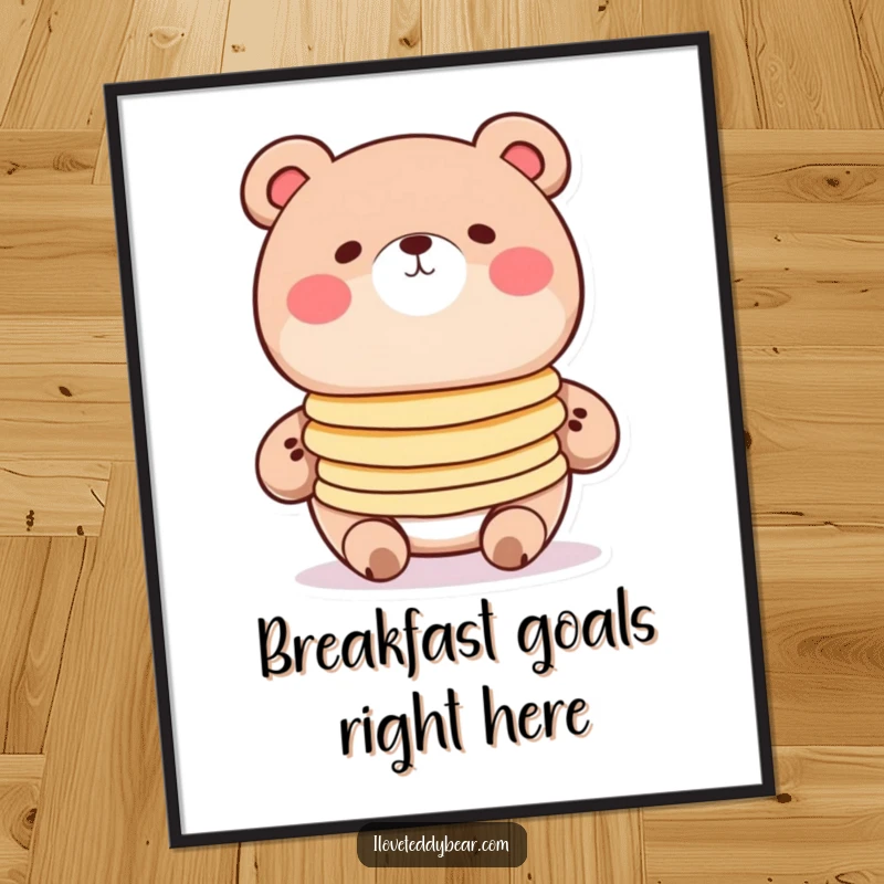 Funny pancake bear poster, round bear with rosy cheeks balancing pancakes, cute cartoon art, kitchen wall decor.