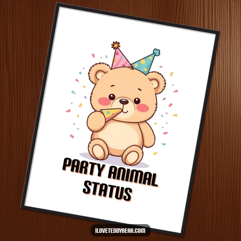 Funny Poster: A plump teddy bear in a party hat actively blows a confetti-filled party horn, capturing a moment of pure, uninhibited festive delight.