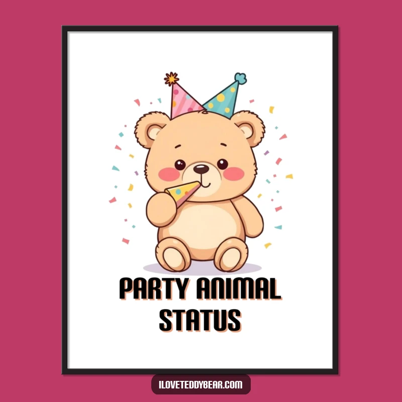 Funny Party Bear Poster: Adorable Teddy Bear Blowing Horn, Vibrant Wall Art for Joyful Spaces