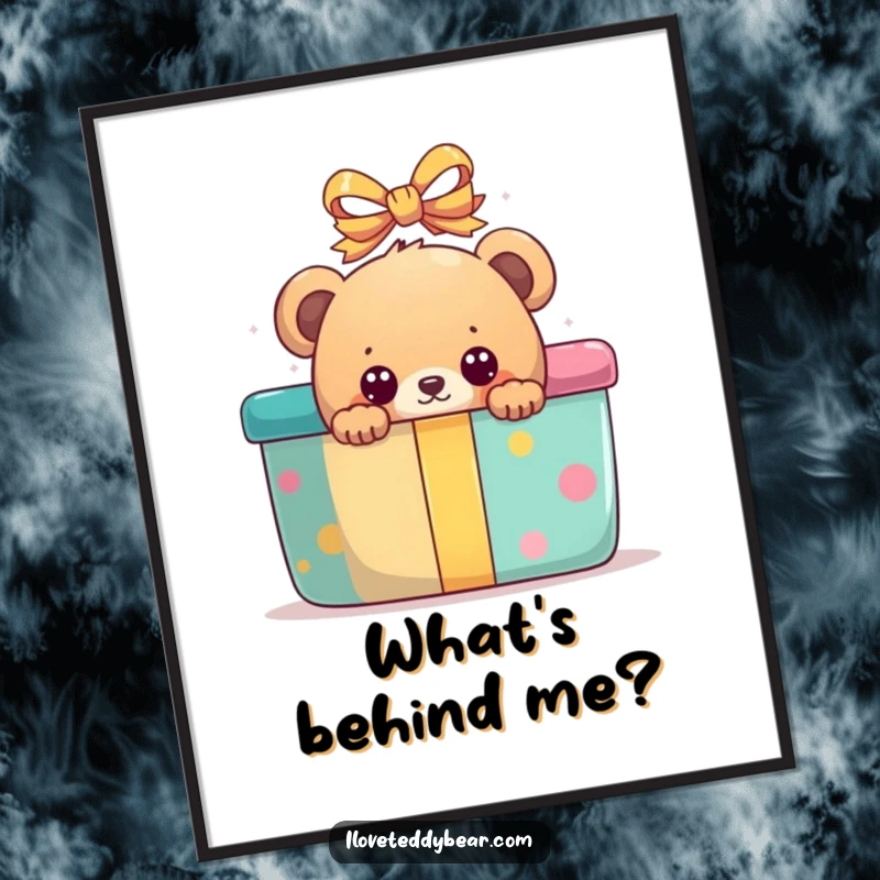 Funny poster art of a bear with wide, excited eyes peeking from behind a large, colorful gift box.