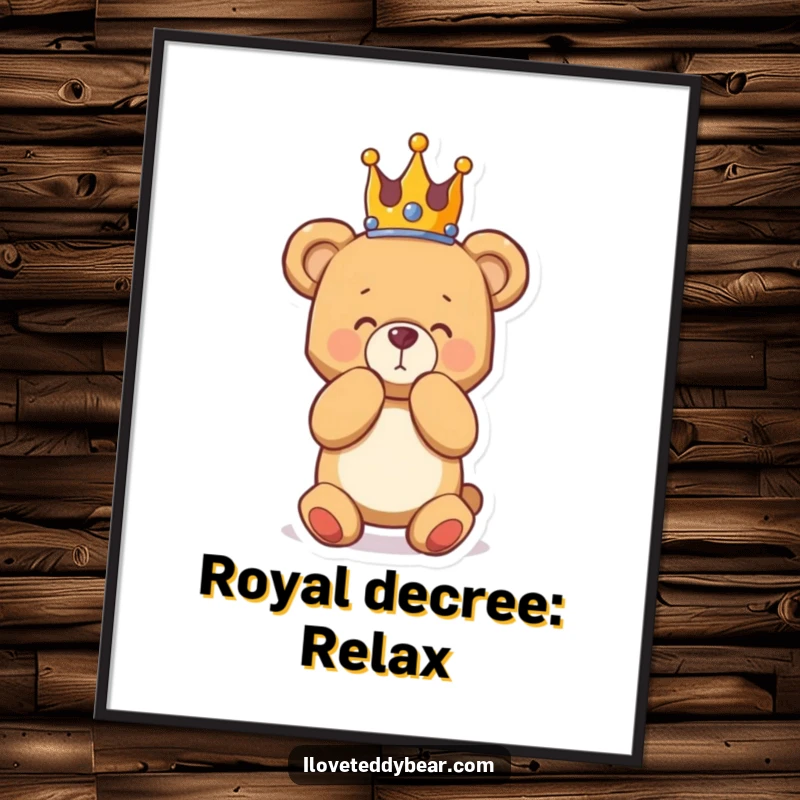 Funny poster of a teddy bear wearing a crown, bowing with a flourish, adding a dramatic and humorous artistic touch to any wall.
