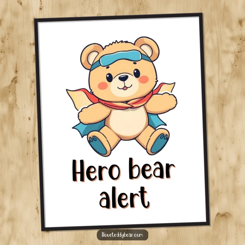 Funny poster art featuring a teddy bear dressed as a superhero, flying majestically with its cape flowing, embodying bravery and adventure.