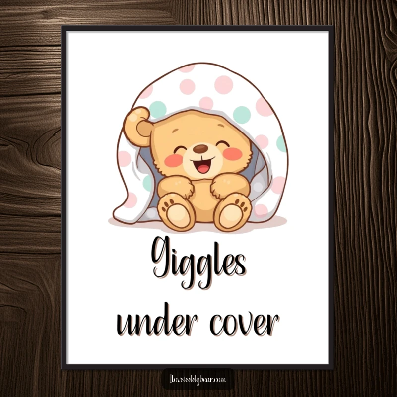 Funny Poster featuring a teddy bear giggling merrily while concealed under a brightly colored polka-dot blanket, embodying warmth and happiness.