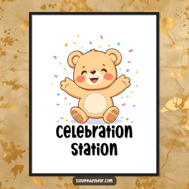 Funny teddy bear character joyfully throwing confetti, displayed as vibrant wall art for parties and celebrations.