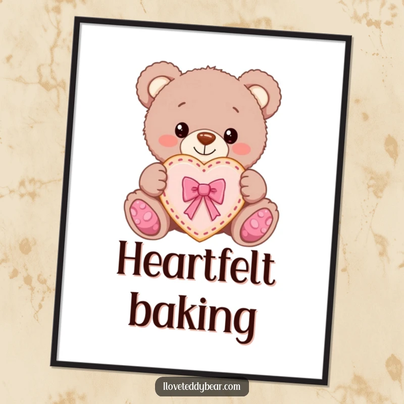 Funny Teddy Bear Cookie Poster: A teddy bear proudly offers a heart-shaped cookie with a bow, symbolizing love and warmth.