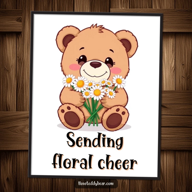 Funny Poster print of a teddy bear with a goofy grin, presenting a beautiful bouquet of daisies, conveying messages of love and happiness.