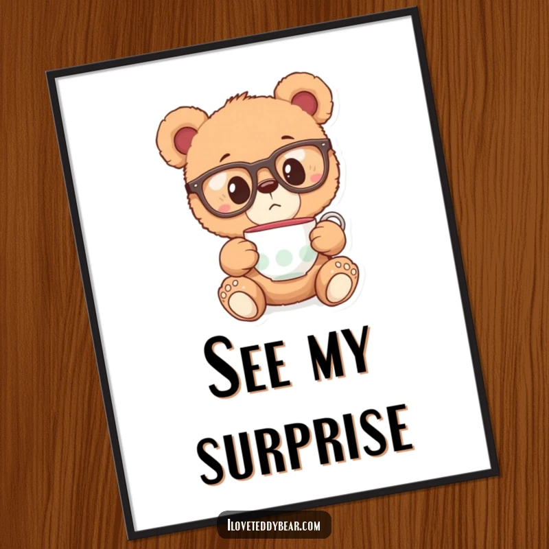 Funny poster of a teddy bear in oversized glasses, looking surprised at a floating teacup, adding whimsical wonder to any room.