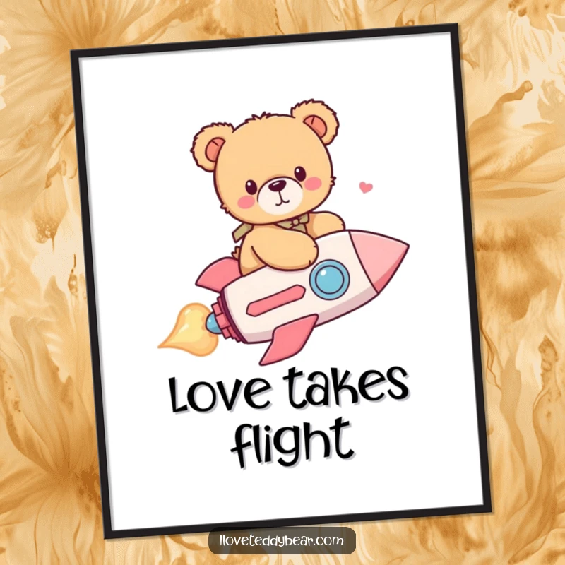 Funny poster art: a charming teddy bear embarks on an exciting journey aboard a heart-shaped rocket against a dreamy backdrop.