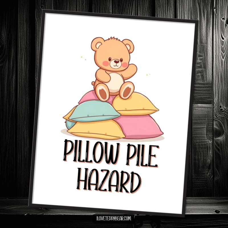 Funny poster art featuring a teddy bear playfully tripping and landing softly amidst a fluffy pile of colorful pillows, radiating cuteness.
