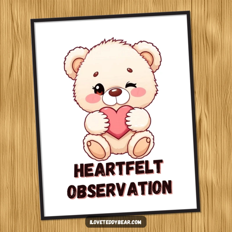 Funny poster print of a fluffy teddy bear winking while holding a heart, adding a touch of adorable love.