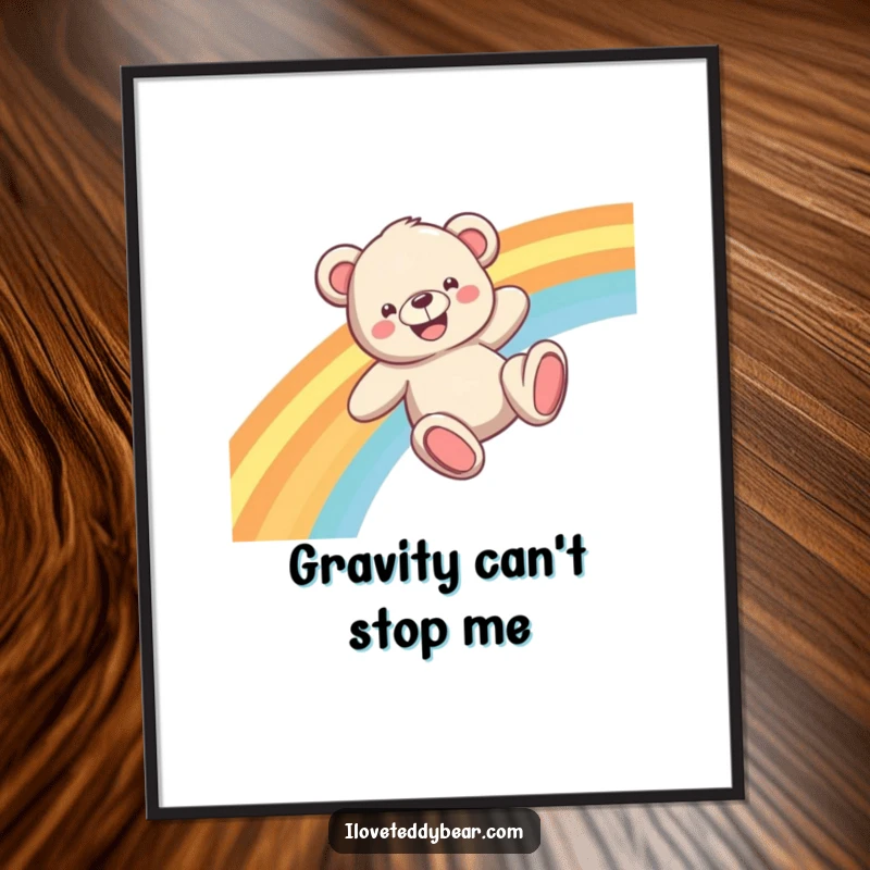 Funny Teddy Bear Poster depicting a happy bear sliding down a bright rainbow, adding cheerful and whimsical decor.