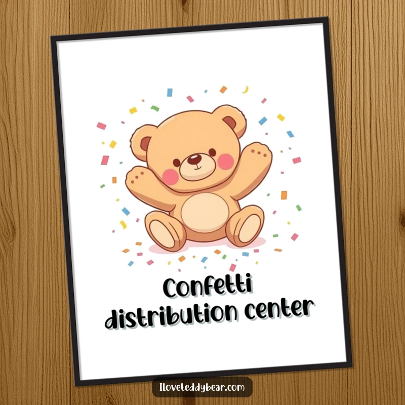 Funny poster capturing a teddy bear comically tripping amidst a vibrant explosion of confetti, symbolizing joyous mishap.