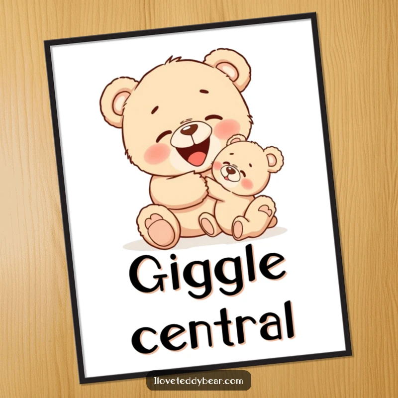 Funny poster art featuring a larger teddy bear tickling a smaller one, both depicted with wide smiles and infectious giggles.