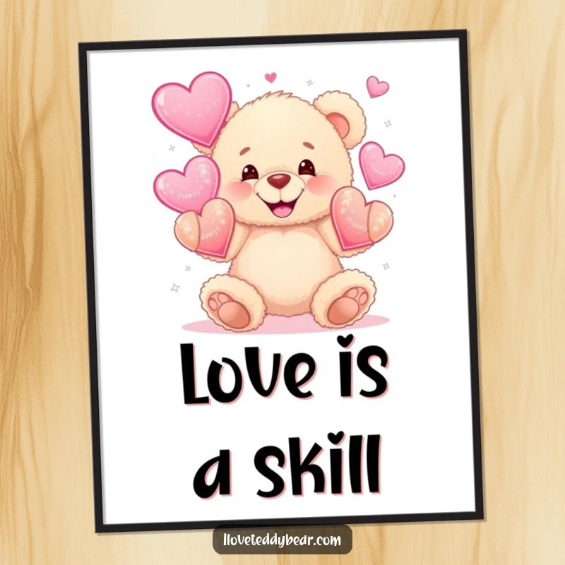 Funny poster of a fluffy teddy bear with a wide grin, juggling oversized sparkly hearts, capturing a moment of pure, loving joy.