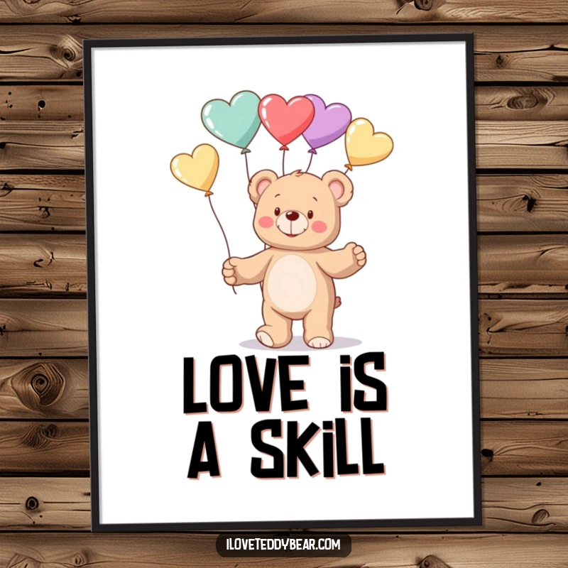 Funny Poster featuring a charming teddy bear in the act of juggling a colorful array of heart-shaped balloons with a cheerful demeanor.