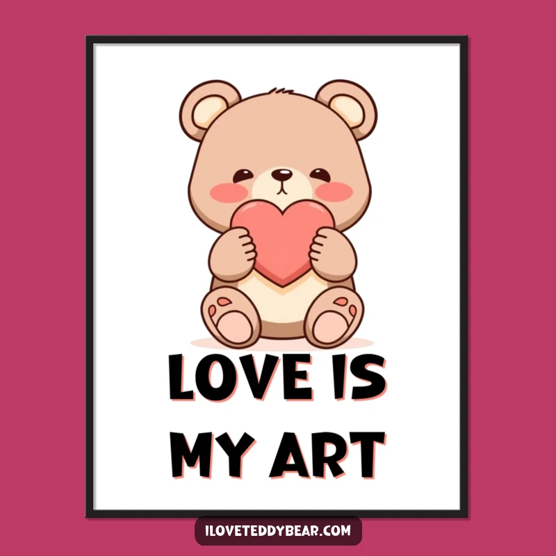Funny Shy Bear Heart Poster - Adorable Cartoon Art for Romantic Decor