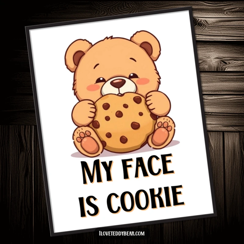 Funny teddy bear poster showing a bear making a funny face while trying to eat a giant cookie discreetly.