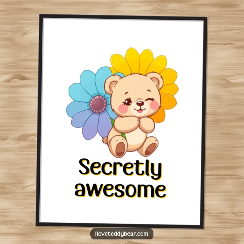 Funny poster of a teddy bear winking mischievously and hiding a large flower behind its back, adding a touch of playful mystery.