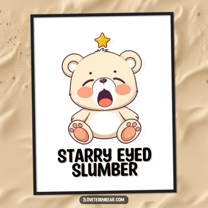 Funny Sleepy Teddy Bear Poster: A teddy bear yawning wide under a twinkling star, radiating peace and comfort.