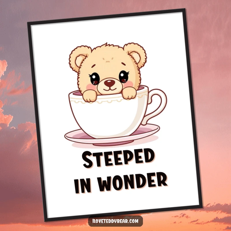 Funny Poster displaying a teddy bear with expressive eyes peeking over a massive teacup, creating a scene of delightful curiosity.