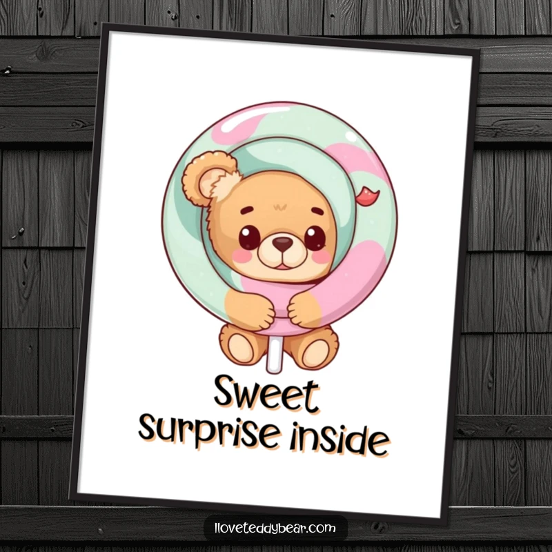 Funny Teddy Bear Poster showing a bear peeking from behind a giant lollipop, adding sweet curiosity and humor to walls.