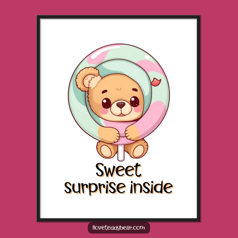 Funny Teddy Bear Lollipop Peek Poster: Sweet Wall Decor!