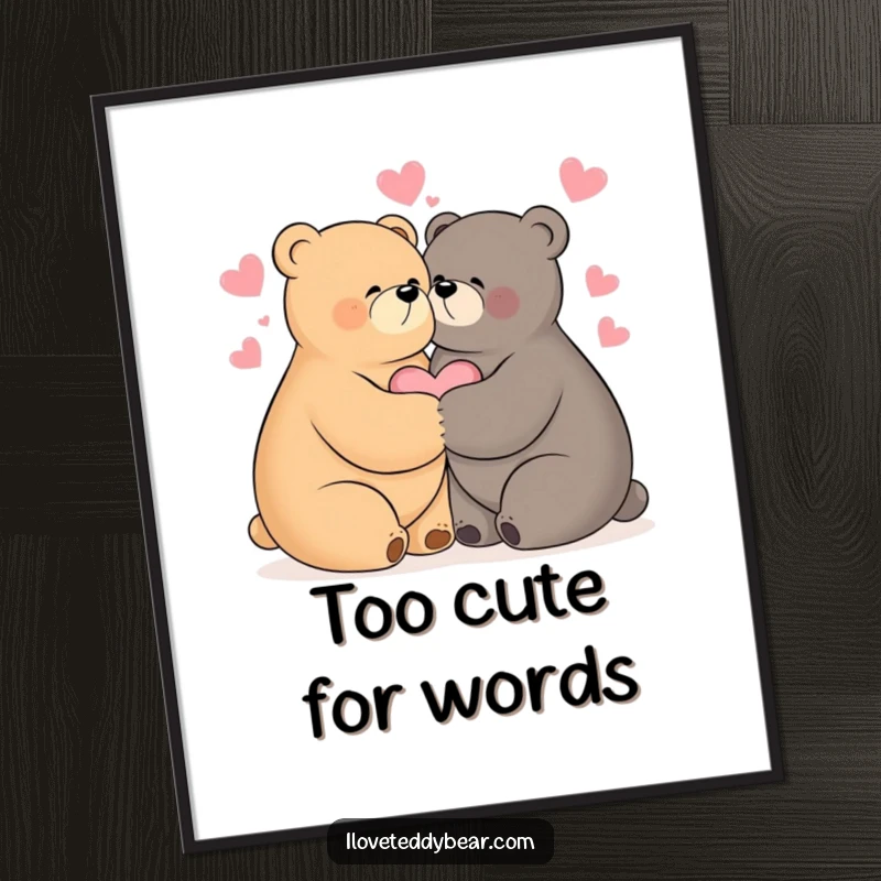 Funny poster art of two bears hugging tightly, with hearts floating around them, creating a warm and loving atmosphere.