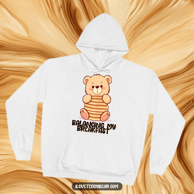 Funny hoodie with a chubby teddy bear balancing pancakes, offering warmth and humorous breakfast-themed design, perfect for gifting.