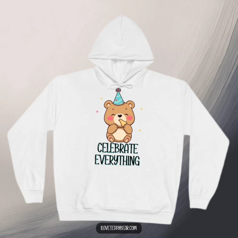 Funny hoodie with a bear wearing a party hat and blowing a noisemaker, conveying pure delight and celebration.