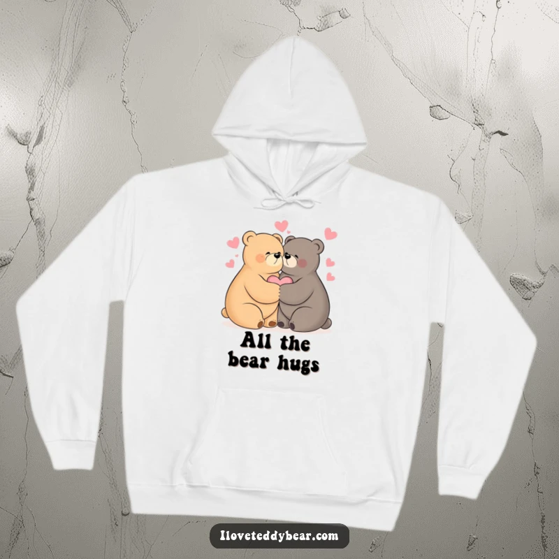 Funny, cozy hoodie featuring two bears hugging tightly, with hearts symbolizing love and warmth, perfect for chilly days.
