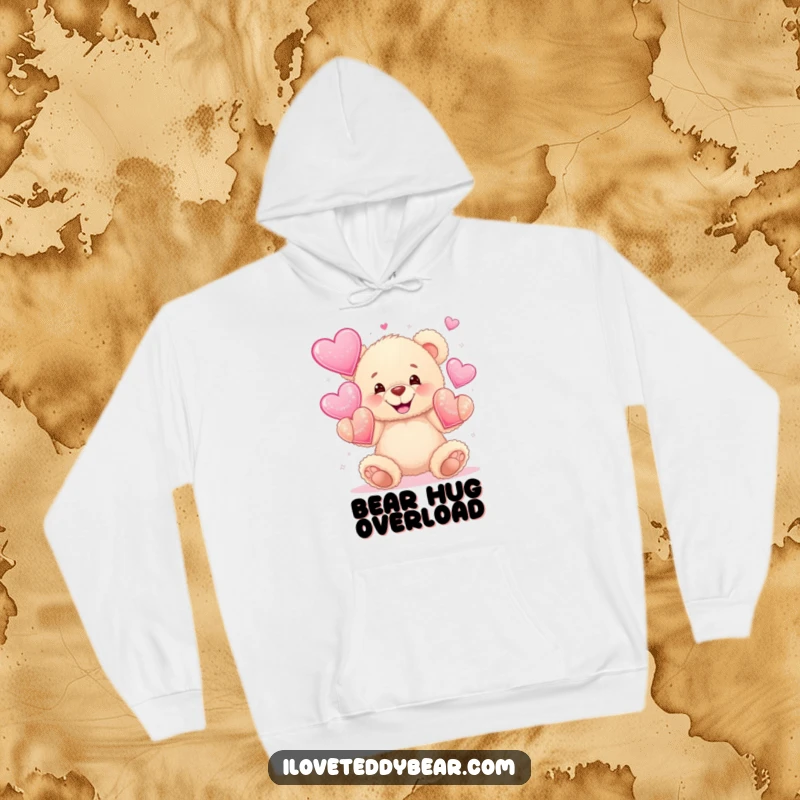 Funny hoodie featuring a fluffy teddy bear wide grinning while juggling sparkly hearts, radiating warmth, love, and comfort.