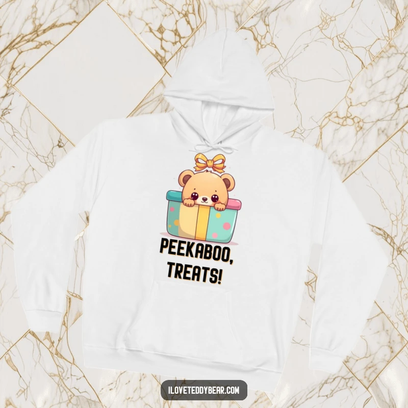 Funny, cozy hoodie featuring a bear peeking with wide eyes from behind a giant, colorful gift box.