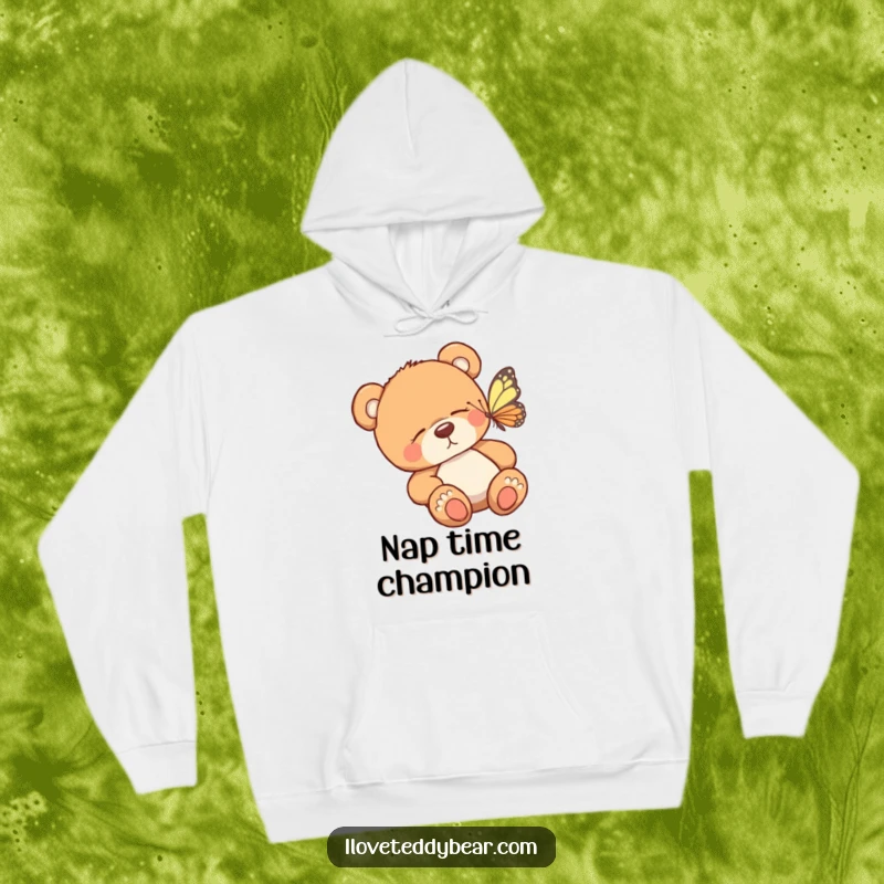 Funny hoodie illustration of a sleepy teddy bear being woken up by a beautiful butterfly, creating a heartwarming and humorous scene.