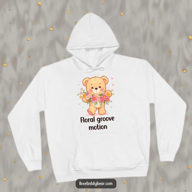 Funny Teddy Bear Hoodie with a joyful bear dancing with a bouquet of flowers, offering warmth and cheerful vibes.