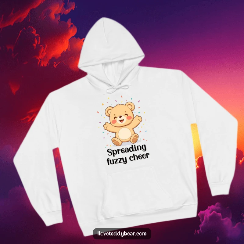 Funny teddy bear character joyfully tossing confetti, printed on a warm and snuggly hoodie for festive comfort.