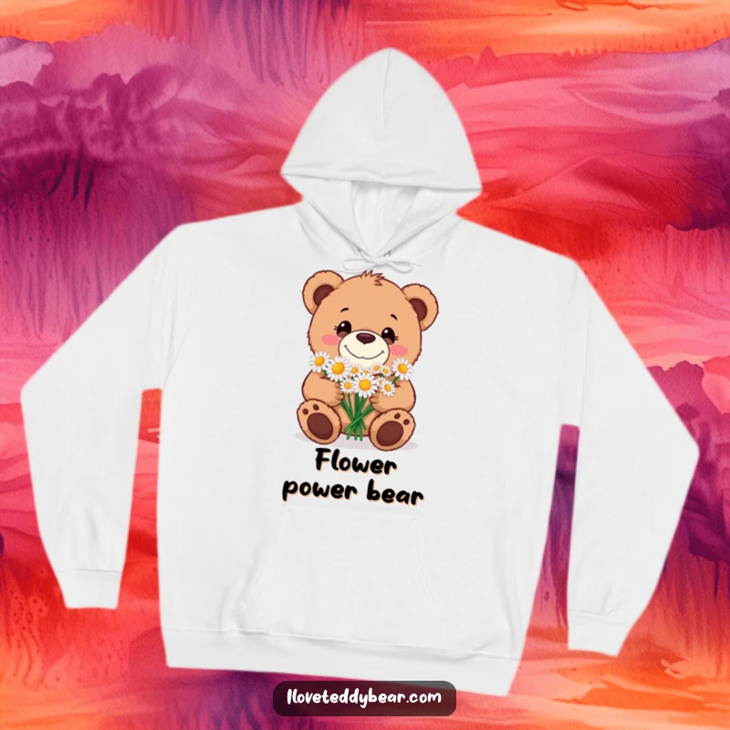 Funny Hoodie illustration of a cute teddy bear with a big grin, offering a vibrant bouquet of daisies, symbolizing friendship and joy.