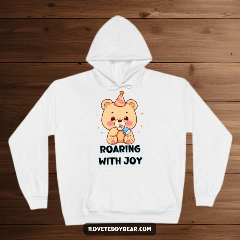 Funny Hoodie showing a bear cub with a party hat and noisemaker, bringing cozy celebration vibes and humor.
