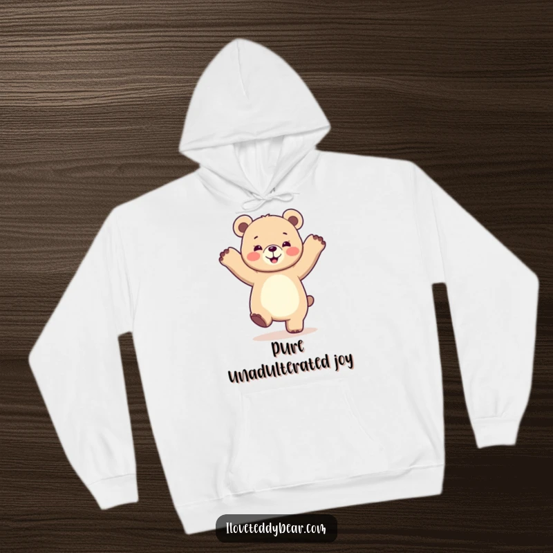 Funny hoodie with a bear energetically dancing with paws in the air, offering warmth and a boost of cheerful vibes.
