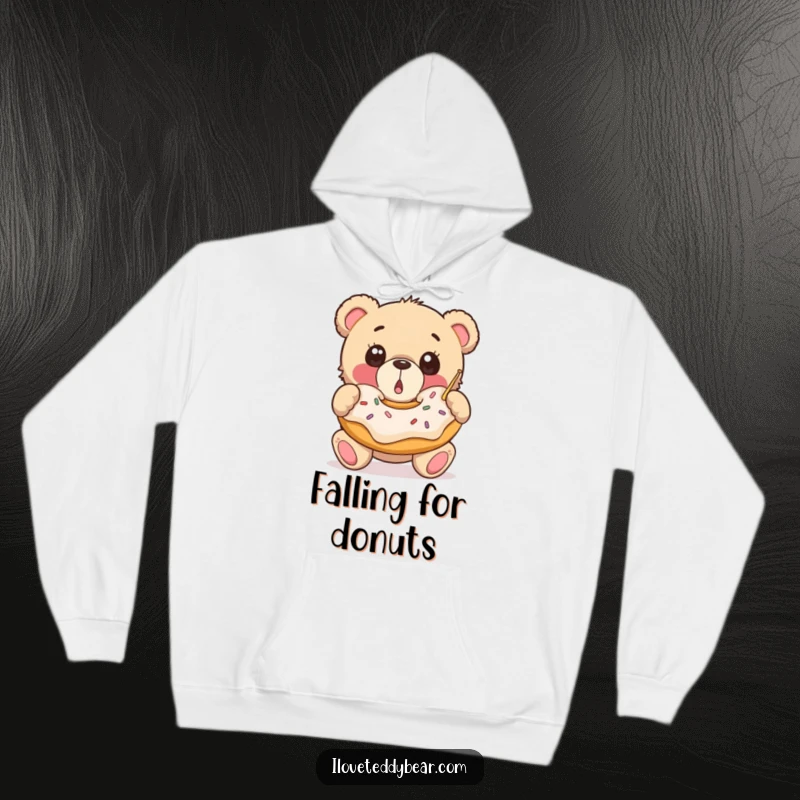 Funny Hoodie: A surprised teddy bear with wide eyes catches a massive falling donut, showcasing a moment of delightful, sweet surprise and joy.