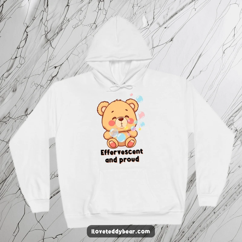 Funny hoodie with a teddy bear with rosy cheeks blowing colorful bubbles, offering warmth and a cheerful vibe, ideal for gifting.