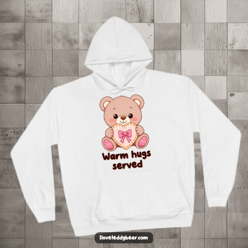 Funny Teddy Bear Cookie Hoodie: A teddy bear proudly offers a heart-shaped cookie with a bow, providing cozy comfort.
